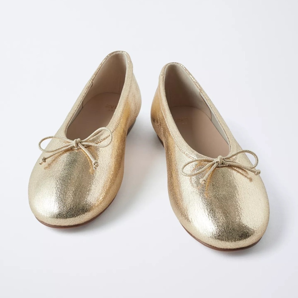 ZARA Girls Gold Metallic Ballet Flats Bow Dress Shoes Size 30